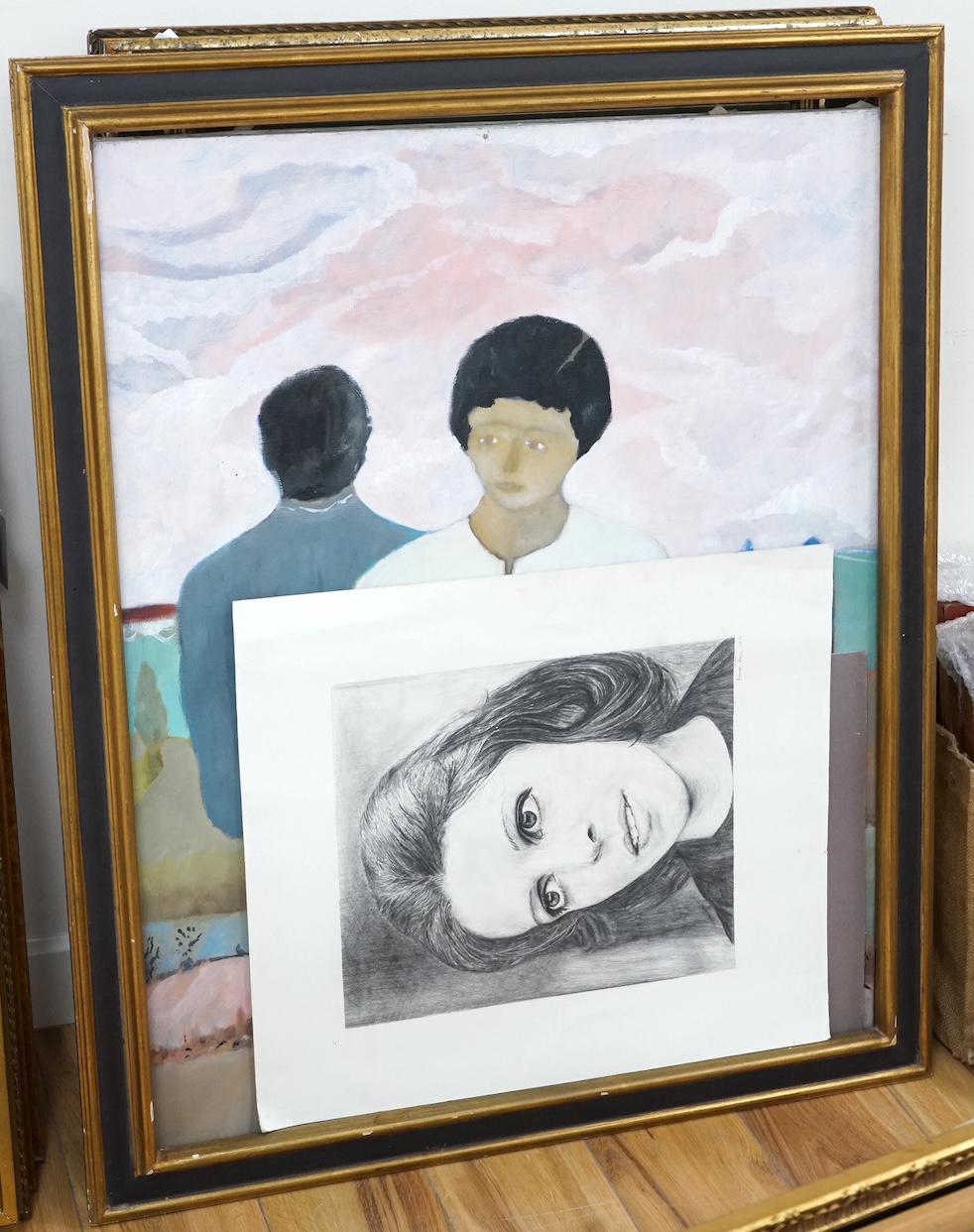 Castillaro, Study of two figures, oil on canvas, together with two portraits of Jackie Onassis, one signed Hohl and another dated 1.2.77, largest 90 x 71cm